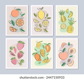 Fruit posters set in flat design. Fruit label, fruit icon in simple style. Orange, lemon, pineapple, strawberry, mango, peach and  their pieces.
