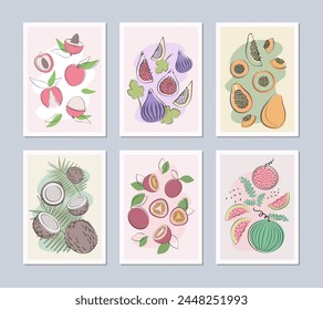 Fruit posters set in flat design. Fruit label, fruit icon in simple style. Lychee, figs, papaya, coconut, passion fruit, watermelon.
