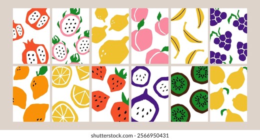 Fruit posters. Tropical geometry minimalistic organic food cards, banner or kitchen print. Simple shape and figures. Dragonfruit, peach and banana background. Vector cartoon flat isolated illustration