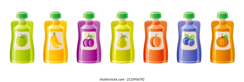 Fruit Pouch. Baby Food Package Set. Drink   Plastic Pack. Vector Doypack Mockup For Juice Fruit Puree. 3d Cartoon Bag Container With Spout. Apple Pear Blueberry Banana Peach Pumpkin Plum Pouch Icon