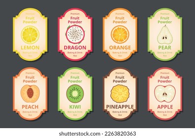 Fruit powder package label sticker natural vitamin organic ingredient for cooking emblem set vector illustration. Baking drink prepare seasonings lemon dragon orange pear peach kiwi pineapple apple