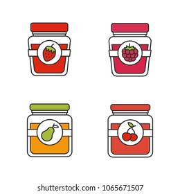 Fruit preserves color icons set. Pear, cherry, raspberry and strawberry jam jars. Isolated vector illustrations