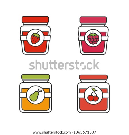 Fruit preserves color icons set. Pear, cherry, raspberry and strawberry jam jars. Isolated vector illustrations