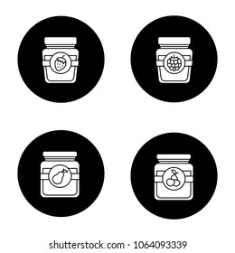 Fruit preserves glyph icons set. Pear, cherry, raspberry and strawberry jam jars. Vector white silhouettes illustrations in black circles