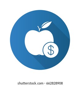 Fruit price flat design long shadow glyph icon. Apple with dollar sign. Vector silhouette illustration