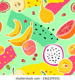 Fruit print. Fruits seamless pattern fresh food nature vitamin healthy eating colorful summer texture pink and green trendy cartoon vector background