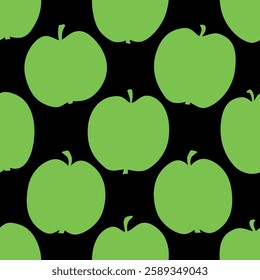Fruit Print with Green Apples. Seamless Pattern with Green Fruit on Black Background. Sample can be used for Fabric, Cover, Mugs, Wrapping Paper. Vector Illustration