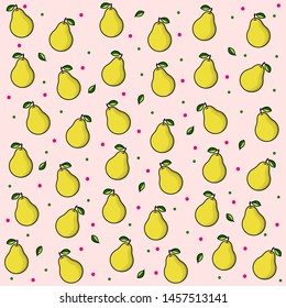 Fruit print on pink background with drops. Bright fruit: pears. Ripe yellow pear with green leaf.  Vector pattern (background) for your design. EPS10.
