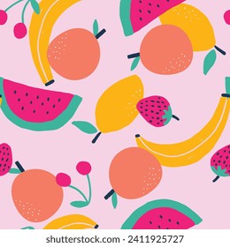 Fruit print seamless vector. Summer spring pattern. Pink watermelon, strawberry, cherries, lemons. For girls teens fashion clothing stationary. Fun bright bold illustration. hand drawn cool