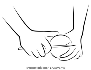 Fruit processing. Cut the pomegranate with a knife on a kitchen board. The hands of the cook are preparing food. Vector illustration.