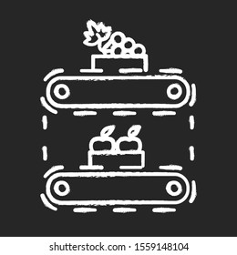 Fruit production chalk icon. Apples and grape in crates on conveyor belt. Organic food supply. Storage terminal. Professional automated factory equipment. Isolated vector chalkboard illustration