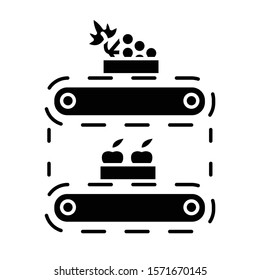 Fruit production glyph icon. Apples and grape in crates on conveyor belt. Organic food supply. Storage, stock, terminal. Silhouette symbol. Negative space. Vector isolated illustration