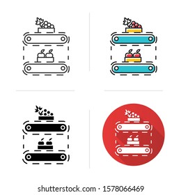 Fruit production icon. Apples and grape in crates on conveyor belt. Organic food supply. Storage, stock, terminal. Flat design, linear and color styles. Isolated vector illustrations