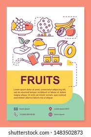 Fruit production poster template layout. Farming organic produce. Banner, booklet, leaflet print design with linear icons. Vector brochure page layouts for magazines, advertising flyers