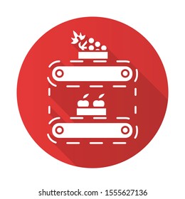 Fruit production red flat design long shadow glyph icon. Apples and grape in crates on conveyor belt. Organic food supply. Professional storage, stock, terminal. Vector silhouette illustration