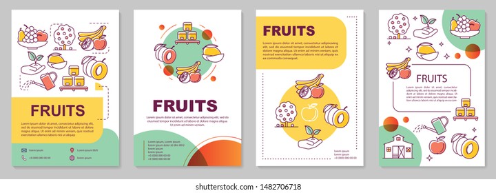 Fruit production template layout. Farming organic produce. Flyer, booklet, leaflet print design with linear illustrations. Vector page layouts for magazines, annual reports, advertising posters