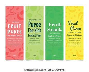 Fruit puree kids natural healthy snack label design template set vector flat illustration. Childish dietary meal fiber delicious nutritious cream smoothie vitamin vegetarian nourishment sticker pack