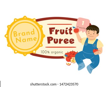 Fruit puree label flat vector illustration. Happy boy, child sitting and holding red apples cartoon character. Healthy nutrition, vitamins for children, organic food packaging sticker