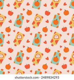 Fruit puree packaging seamless pattern. Sachet Bag or Pouch, baby food. Vector illustration for packaging, wrapping paper, fabric, background.