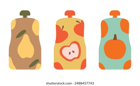 Fruit puree packaging set. Sachet Bag or Pouch, baby feeding. Isolated vector illustration for your design.