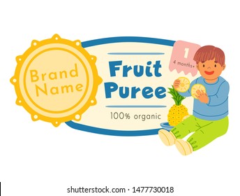 Fruit puree promotion flat vector illustration. Smiling boy, kid sitting and holding pineapple slices cartoon character. Healthy baby nutrition, vitamins for children, organic food packaging sticker