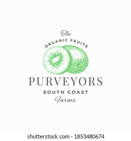 Fruit Purveyors Frame Badge or Logo Template. Hand Drawn Kiwi with a Half Sketch with Modern Typography. Premium Exotic Food Emblem. Isolated.