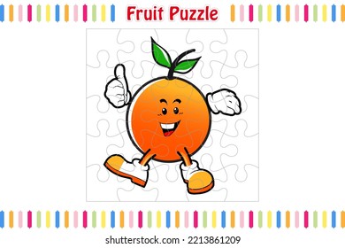 Fruit Puzzle Game for kids, jigsaw pieces color worksheet activity page, isolated vector illustration, Mascot cartoon style