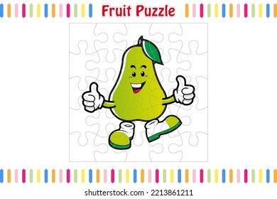 Fruit Puzzle Game for kids, jigsaw pieces color worksheet activity page, isolated vector illustration, Mascot cartoon style