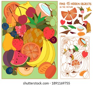 Fruit Puzzle Hidden items for kids. Find hidden objects in the picture. Seek Butterfly, 2 cat, 4 bird, parrot, cup, star, heart, ax, wheat, bread, child face. Hand drawn vector illustration