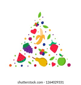 Fruit pyramid. Healthy eating concept food pyramid. Banana, pear, watermelon, apple.