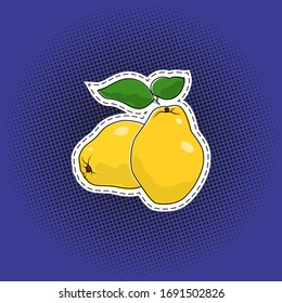 Fruit quince sticker on a purple violet pop art halftone background, black dots in the form of a circle , pins or patches, retro style, vector illustration