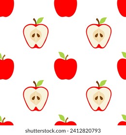 Fruit red apple with seeds seamless pattern in simple flat style on white background