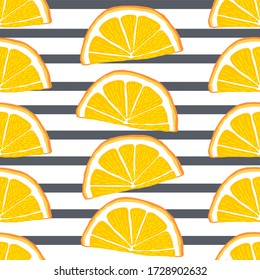 Fruit repeated background. Orange slices on striped black and white background. Hand-drawn tropical vector seamless pattern. Simple minimalist design.
