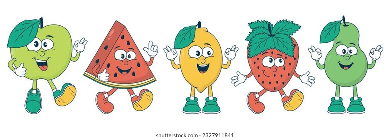 Fruit retro cartoon characters apple, pear, strawberry, watermelon, lemon in funky style. Comic mascot with a happy face, arms and legs. Juicy, bright vector sticker in 90s style.