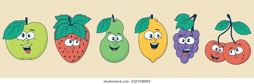 Fruit retro cartoon characters in cartoon style. Comic mascot cherry, strawberry, grape, lemon, apple, pear. Happy faces. Groovy summer vector illustration in 90s style.