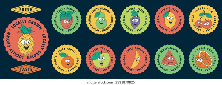 Fruit retro cartoon stickers. Slogans, quotes comic characters banana, pineapple, watermelon, peach, lemon, apple, pear, cherry. Clockwork summer vector illustration in 90s, 00s style.