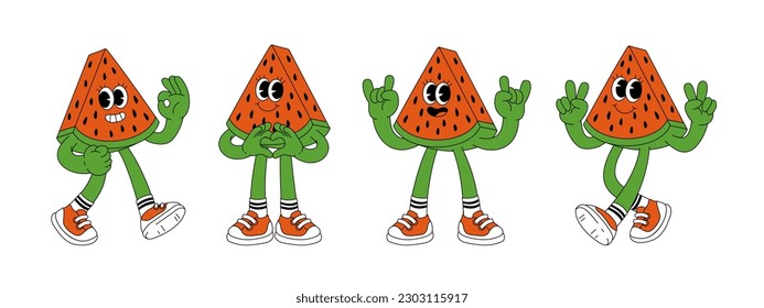 Fruit retro funky cartoon characters. Comic mascot of watermelon with happy smile face, hands and feet. Groovy summer vector illustration. Fruits flower berries juicy sticker pack.