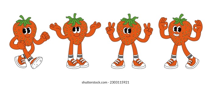 Fruit retro funky cartoon characters. Comic mascot of strawberry with happy smile face, hands and feet. Groovy summer vector illustration. Fruits flower berries juicy sticker pack.