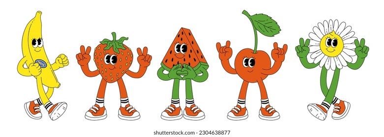 Fruit retro funky cartoon characters. Comic mascot of cherry strawberry banana watermelon flower with happy smile face, hands and feet. Groovy summer vector illustration. Fruits juicy sticker pack.