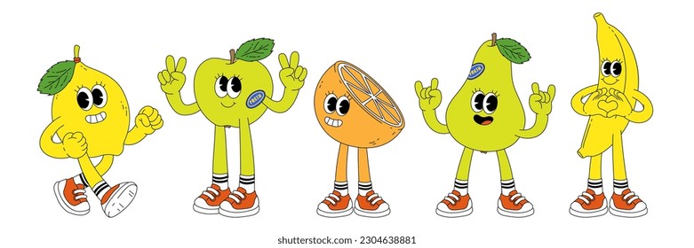 Fruit retro funky cartoon characters. Comic mascot of banana lemon apple orange pear with happy smile face, hands and feet. Groovy summer vector illustration. Fruits juicy sticker pack.