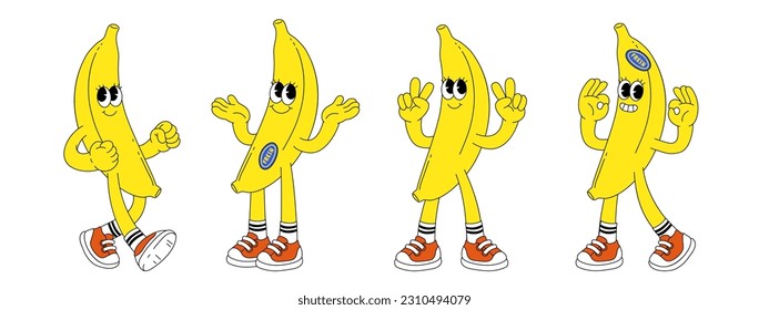 Fruit retro funky cartoon characters. Comic mascot of banana with happy smile face, hands and feet. Groovy summer vector illustration. Fruits flower berries juicy sticker pack.