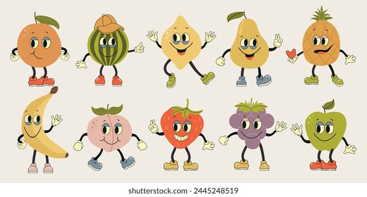 Fruit retro funky cartoon characters. Groovy fruits set. Hand draw Funny Retro vintage trendy style fruits cartoon character.Groovy summer vector illustration. Fruits juicy sticker pack.
