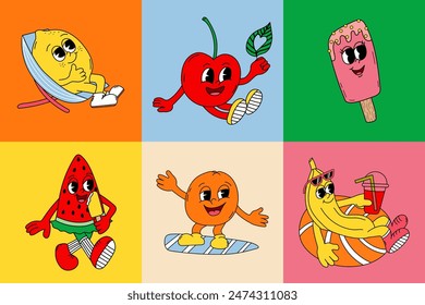 Personajes funky retro de la fruta sobre fondo de color. Mascota cómica de cereza plátano sandía helado naranja limón con cara de sonrisa feliz