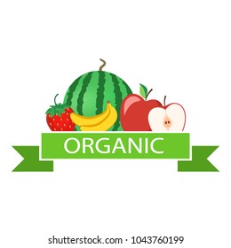 Fruit with ribbon. Watermelon, apple, banana, strawberry. Vector illustration.