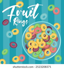 Anillos de frutas, círculos coloridos de cereal saborizado, cereal para niños. Un desayuno delicioso. Cereal de maíz brillante en un tazón azul. Ilustración de comida de Vector.