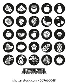 Fruit Round Icon Vector Set. Collection of 25 fruit symbols, negative in black circles