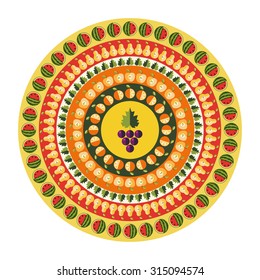 Fruit, round ornamental element, pattern with apples, pears, watermelon, grapes and oranges.