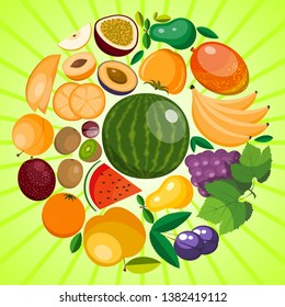 Fruit round pattern with fresh product for fruit farm market. Organic and natural food vector illustration. Banana, watermelon or melon, plum, orange, grapes, kiwi, mango, apple.