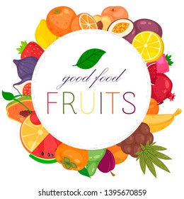 Fruit round pattern with fresh product for fruit farm market. Organic and natural food vector illustration. Banana, watermelon, plum, pineapple, grapes, lemon, mango, orange, cherry.