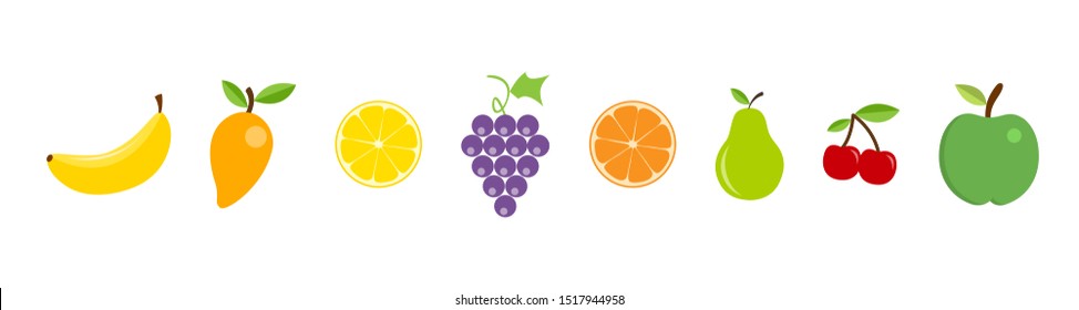 Fruit in a row. Juicy fruit. Fruit icons in modern flat design, isolated on white background. Apple, mango, lemon, grape, orange, pear, cherry and banana in flat style. Vector illustration 